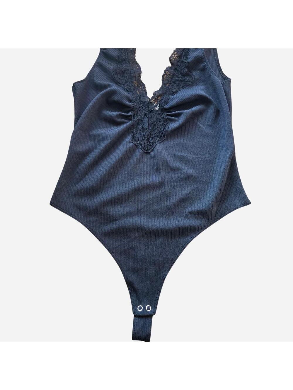 Free People Intimately Black Ribbed Lace V-Neck Thong Bodysuit Size M